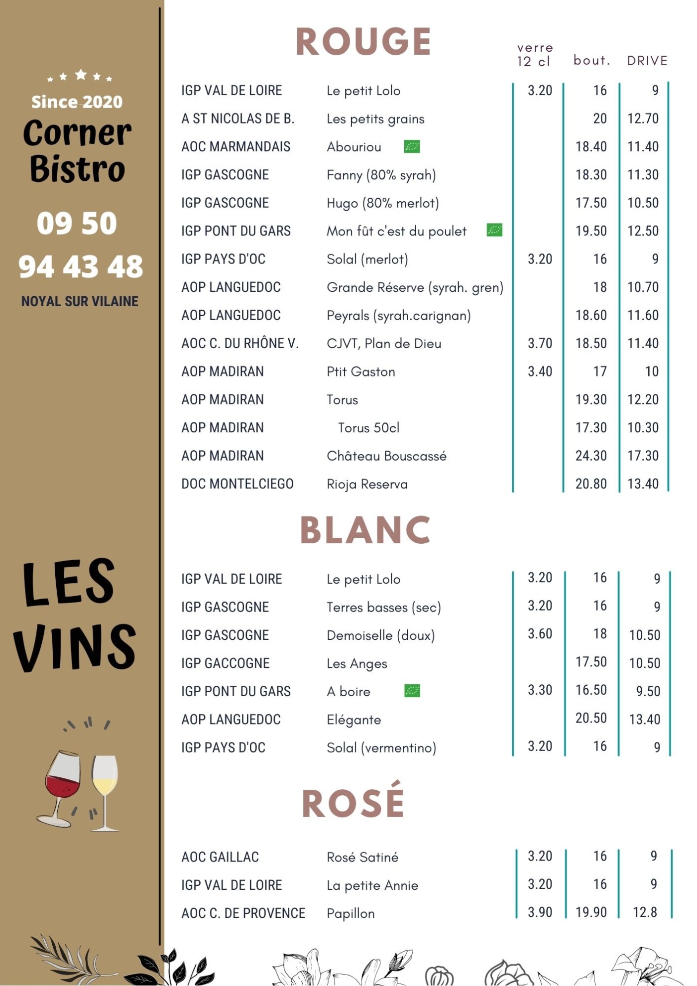 Carte des vins corner bistro